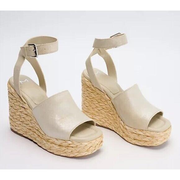 New Marc Fisher LTD Nelly Suede Espadrille Wedge Sandals Ankle‎ Strap Natural 9M - Picture 1 of 8